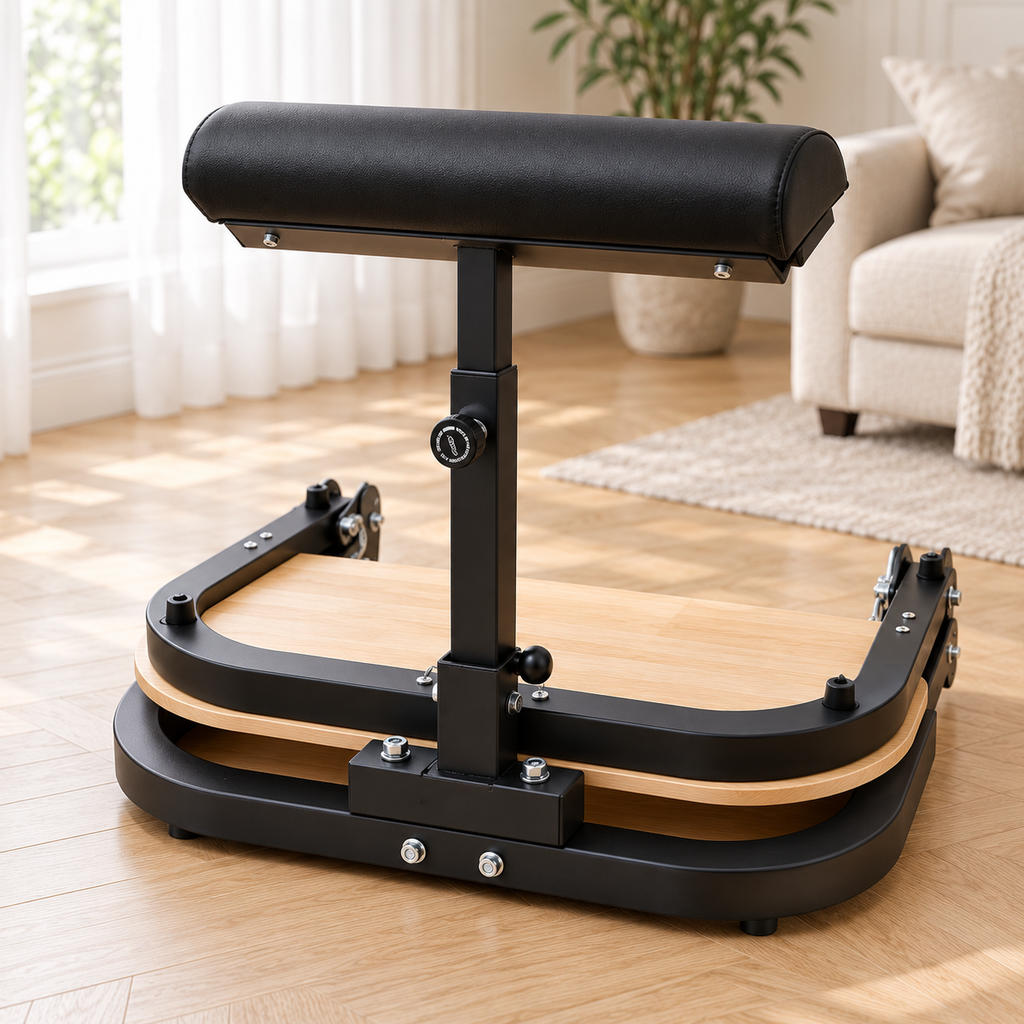 La station Hip Thrust pliée, posée au sol dans un salon lumineux