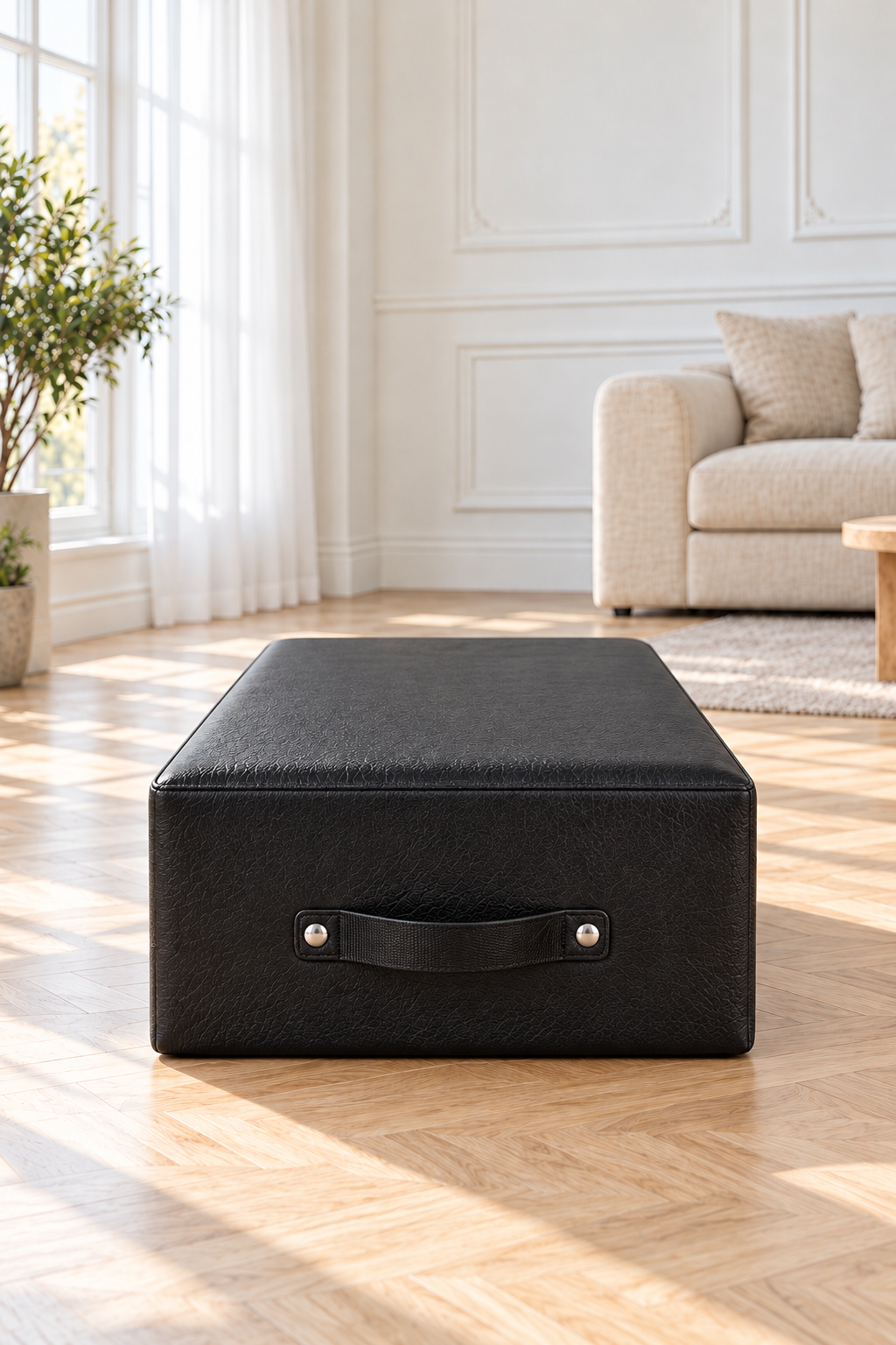 Box Pilates noire vue de face, avec sa poignée de transport, dans un salon clair