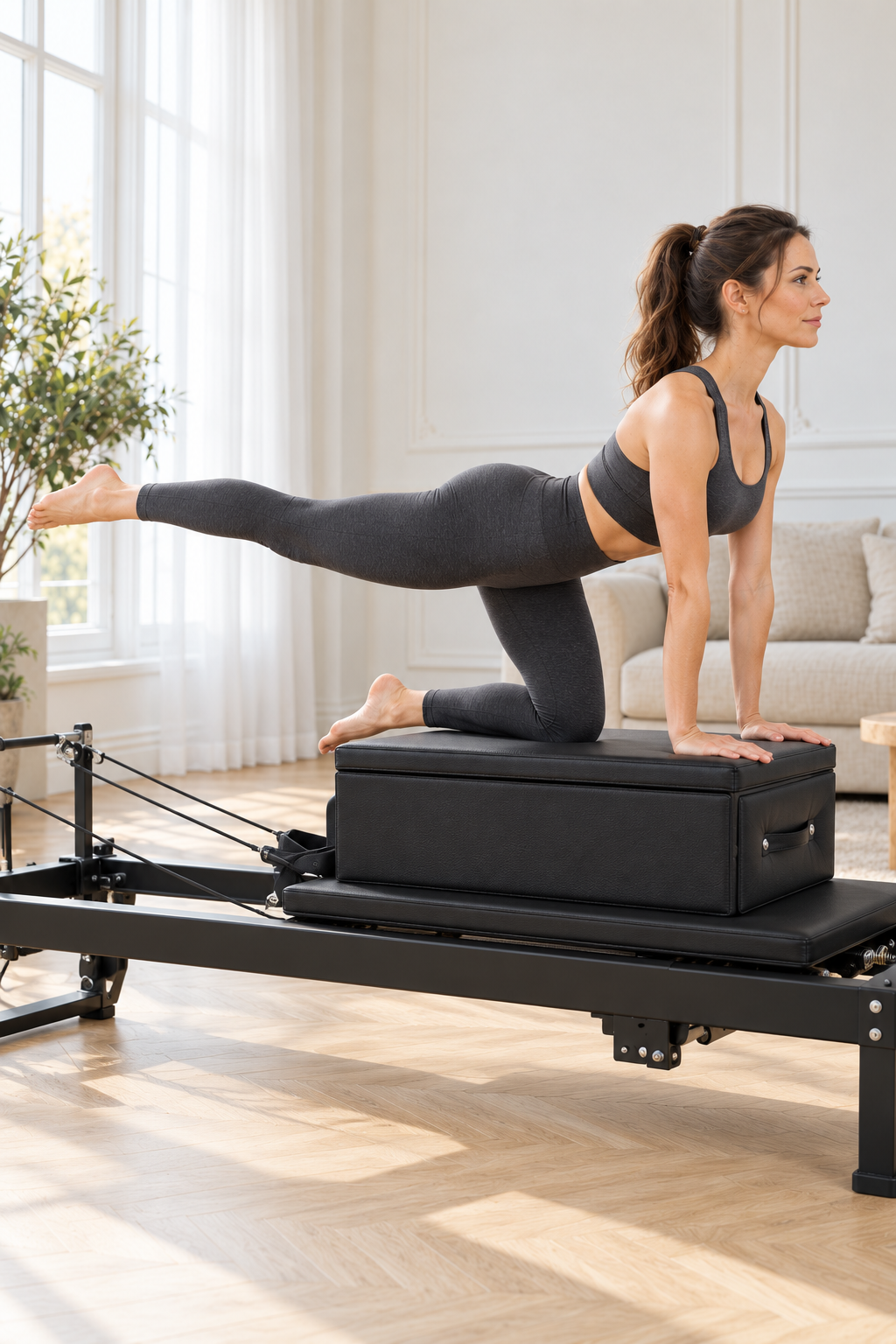 Exercice à quatre pattes sur la box Pilates posée sur un reformer