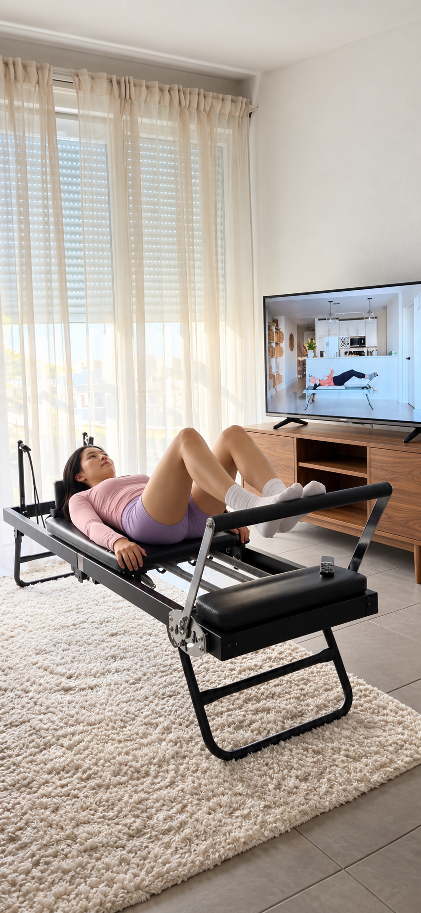 Travail des jambes allongée sur le Pli, devant une séance de Pilates diffusée à la télévision