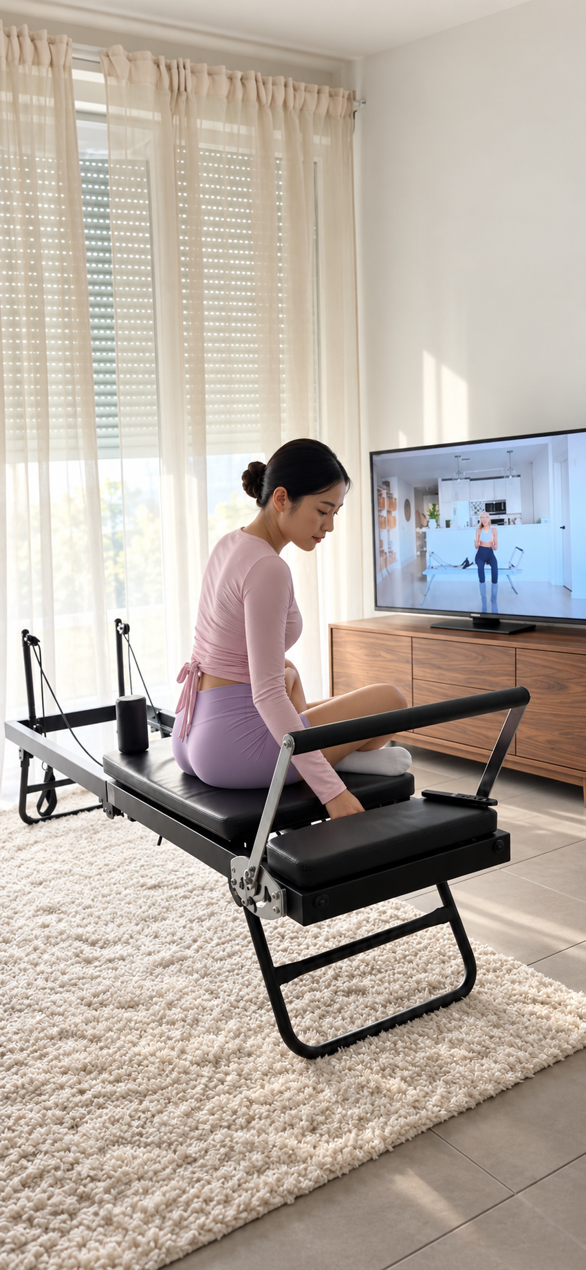 Une femme assise sur le chariot du Pli, dans un salon lumineux