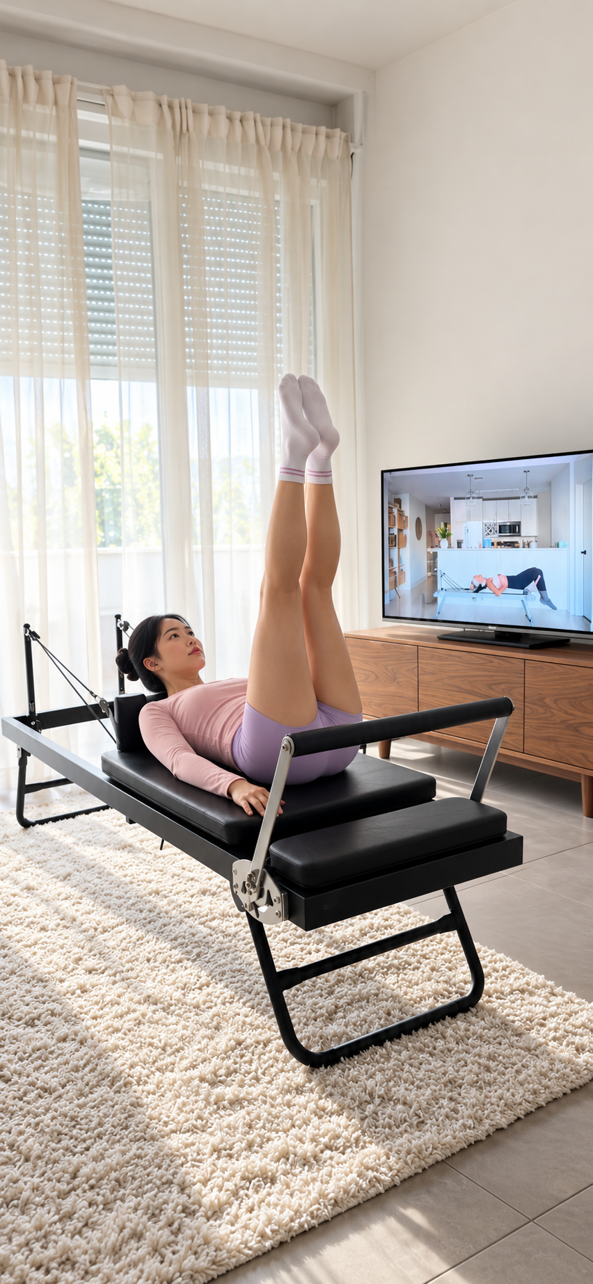 Exercice jambes tendues sur Le Pli, machine de Pilates reformer pliable, dans un salon