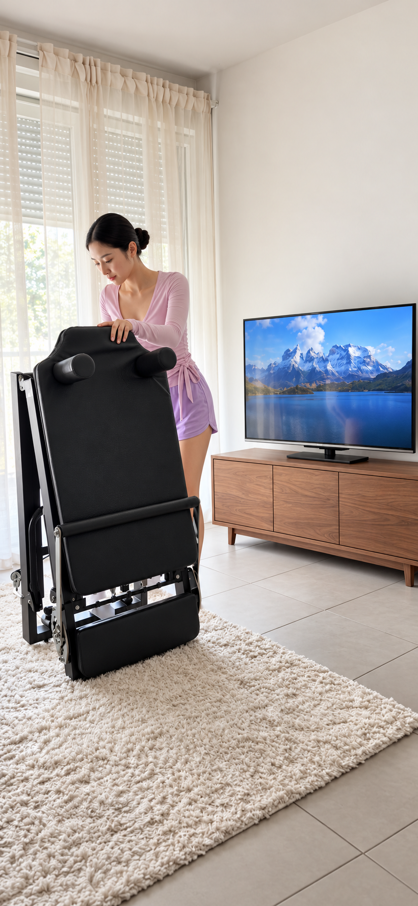 Le Pli plié debout sur un tapis, à côté de son utilisatrice, dans un salon